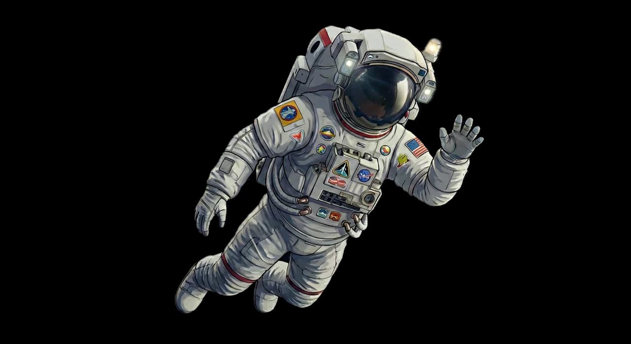Een astronaut zwaait terwijl hij door de ruimte zweeft