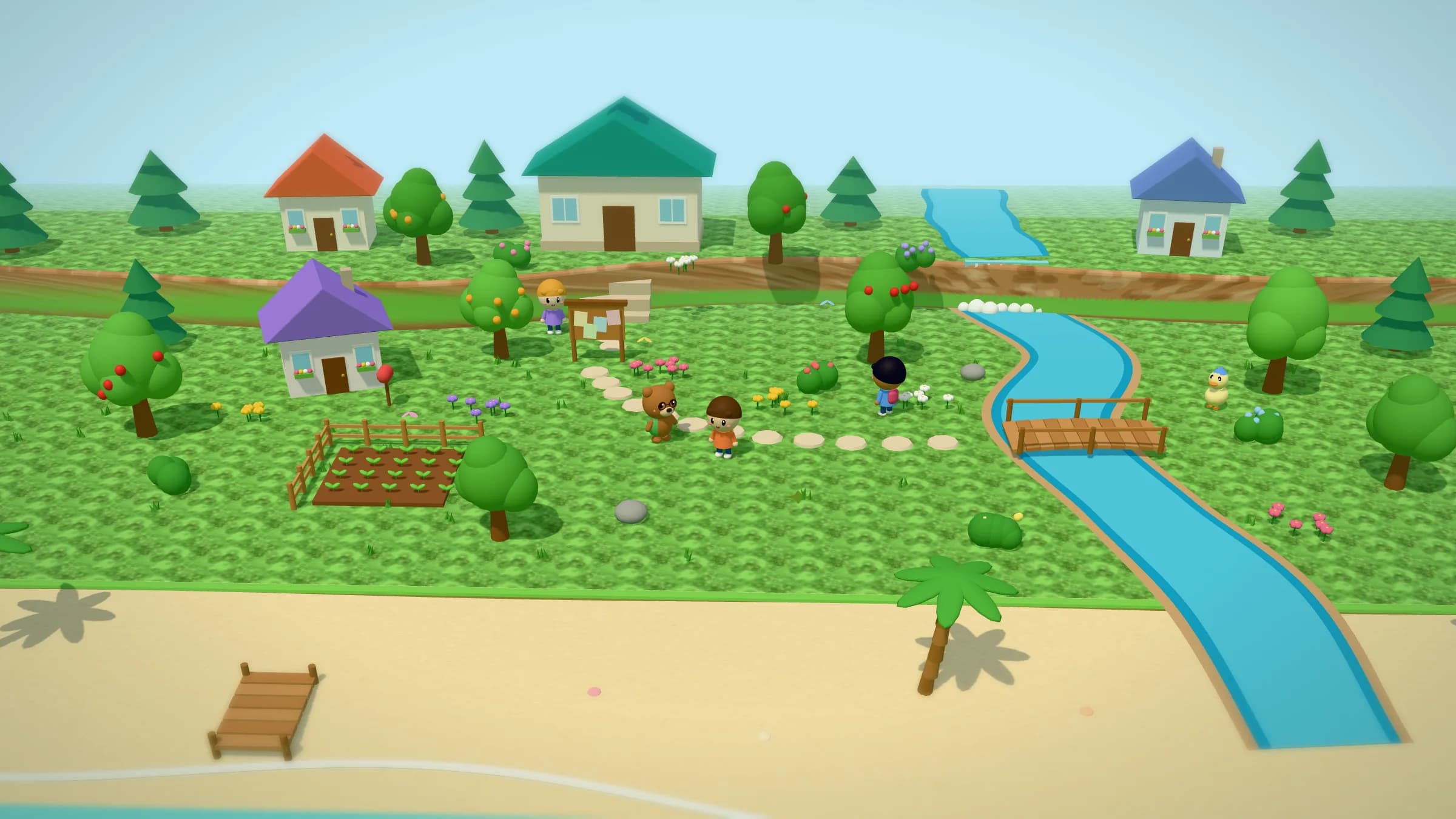 Het eiland van Mossberry: een weide met huisjes, fruitbomen, een moestuin, een rivier met een houten brug en een strand. Een leerling staat naast juf Maple de beer.